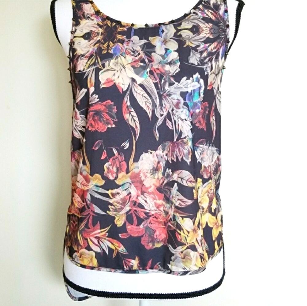 Ladakh Sheer Artsy Boho Sleeveless Blouse Iridescent Flowers & Studs Size 2